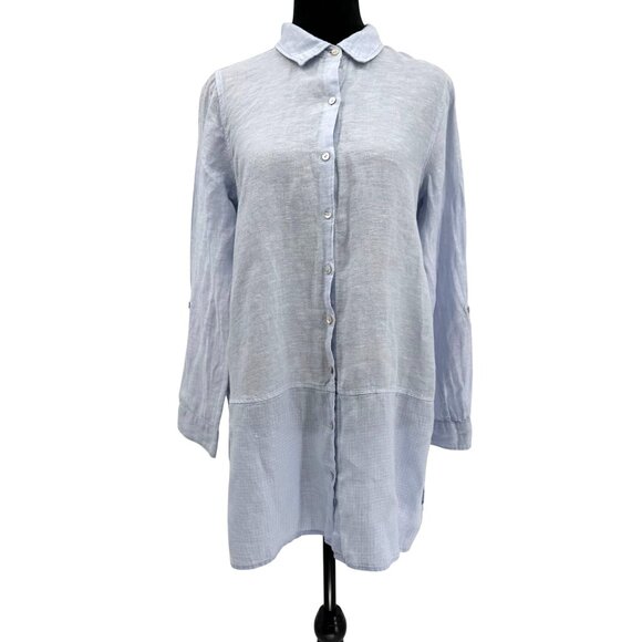 Tahari Linen Shirt Dress Women M Light Blue Oversized Button Front Long‎ Sleeve - Picture 1 of 7
